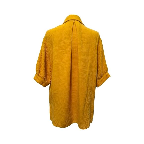 Sundays Womens Mustard Yellow Cotton Gauze Button-Up Shirt V-Neck Sz M Normcore - Picture 3 of 8